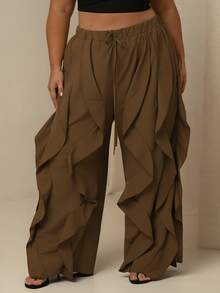 Lele Munniz Plus Size Stylish Casual Ruffle Hem Pants, Versatile American Style Fall - Brown - View 3