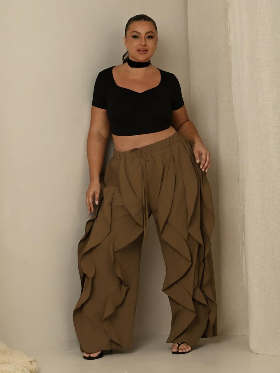 Lele Munniz Plus Size Stylish Casual Ruffle Hem Pants, Versatile American Style Fall - Brown - View 1