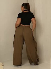 Lele Munniz Plus Size Stylish Casual Ruffle Hem Pants, Versatile American Style Fall - Brown - View 2