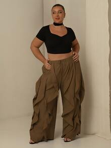 Lele Munniz Plus Size Stylish Casual Ruffle Hem Pants, Versatile American Style Fall - Brown - View 4