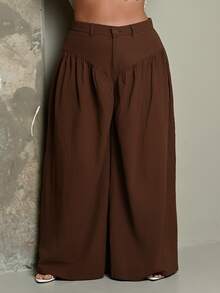 Lele Munniz Plus Size Yellow 100% Cotton High-Waist Wide-Leg Pleated Loose-Fitting Trousers Fall - Brown - View 3