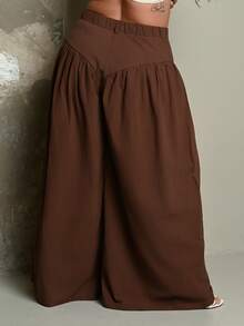 Lele Munniz Plus Size Yellow 100% Cotton High-Waist Wide-Leg Pleated Loose-Fitting Trousers Fall - Brown - View 2