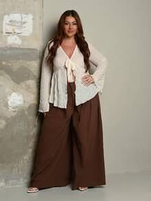Lele Munniz Plus Size Yellow 100% Cotton High-Waist Wide-Leg Pleated Loose-Fitting Trousers Fall - Brown - View 4