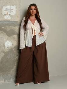 Lele Munniz Plus Size Yellow 100% Cotton High-Waist Wide-Leg Pleated Loose-Fitting Trousers Fall - Brown - View 6