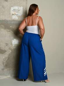 Lele Munniz Women's Plus Size Summer Fall Going Out Outfit Casual Streetwear Mid Rise Wide Leg Elastic Waistband Waist Striped Blue Pants - Blue - View 2