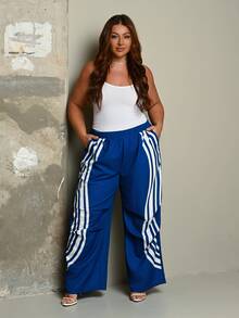 Lele Munniz Women's Plus Size Summer Fall Going Out Outfit Casual Streetwear Mid Rise Wide Leg Elastic Waistband Waist Striped Blue Pants - Blue - View 6