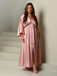 Lele Munniz Plus Size Elegant Vintage Satin Pleated Front Slit Dress Wedding Guest Evening Dusty Pink Autumn - Pink - View 5