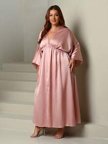 Lele Munniz Plus Size Elegant Vintage Satin Pleated Front Slit Dress Wedding Guest Evening Dusty Pink Autumn - Pink - View 4