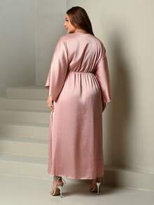 Lele Munniz Plus Size Elegant Vintage Satin Pleated Front Slit Dress Wedding Guest Evening Dusty Pink Autumn - Pink - View 2