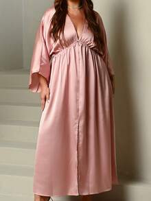 Lele Munniz Plus Size Elegant Vintage Satin Pleated Front Slit Dress Wedding Guest Evening Dusty Pink Autumn - Pink - View 6