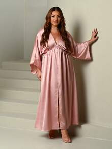 Lele Munniz Plus Size Elegant Vintage Satin Pleated Front Slit Dress Wedding Guest Evening Dusty Pink Autumn - Pink - View 1