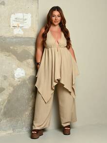 Lele Munniz Plus Size Backless Tie-Up Asymmetric Hem Sexy 2 Pieces Set For Date & Holiday - Apricot - View 5