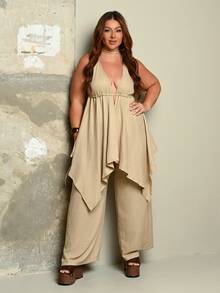 Lele Munniz Plus Size Backless Tie-Up Asymmetric Hem Sexy 2 Pieces Set For Date & Holiday - Apricot - View 1