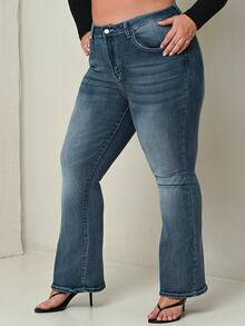 Lele Munniz Plus Size Women's Fashionable Casual Y2K Flare Jeans, Versatile - Dark Wash - View 3