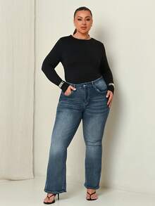 Lele Munniz Plus Size Women's Fashionable Casual Y2K Flare Jeans, Versatile - Dark Wash - View 1