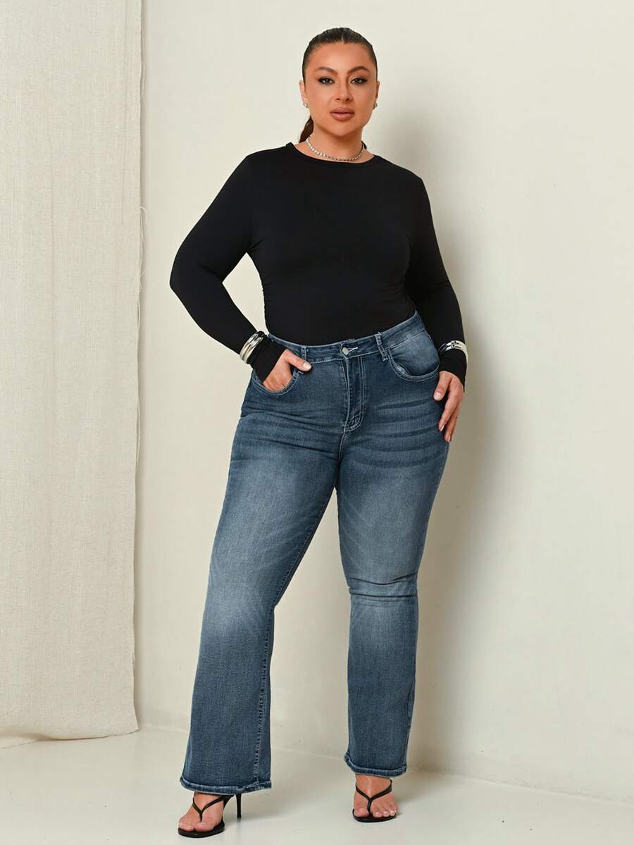 Lele Munniz Plus Size Women's Fashionable Casual Y2K Flare Jeans, Versatile - Dark Wash - View 1