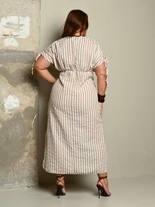Lele Munniz Plus Size Women's Dress, Bubble Striped Fabric, Drawstring Ruched; Self-Fabric Drawstring, Shoulder Sleeves, Fashionable, Casual Boho Beach Vacation - Multicolor - View 2