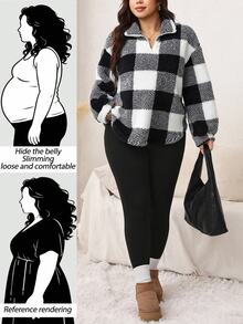 SHEIN LUNE Plus Size Women Plaid Long Sleeve Top And Leggings Casual Cargo Baggy Daily 2 Pieces Set Fall Formal Home Wear Homewear Vacation Going Out Beach Black - Black and White - View 4