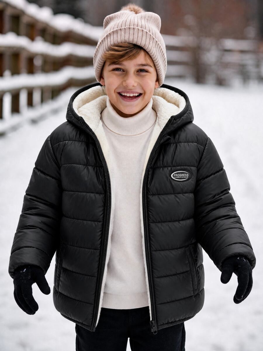 SHEIN 兒童青少年男孩休閒百搭舒適寬鬆實用純色拉鍊連帽黑色保暖內裡加厚外套,適合秋冬羽絨外套、填充外套、派克大衣 - 黑色 - 查看 1