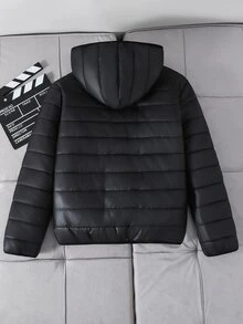 SHEIN 兒童青少年男孩休閒百搭舒適寬鬆實用純色拉鍊連帽黑色保暖內裡加厚外套，適合秋冬羽絨外套、填充外套、派克大衣 - 黑色 - 查看 3