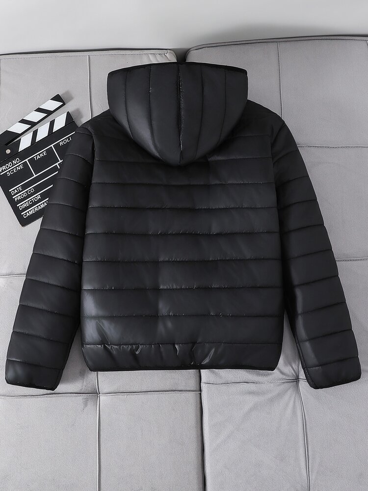 SHEIN Jaket Anak Laki-Laki Remaja Kasual Serbaguna Nyaman Longgar Praktis Warna Polos Hitam Berkerudung dengan Lapisan Termal Tebal Cocok untuk Musim Gugur/Musim Dingin, Mantel Bulu Angsa, Mantel Berbantalan, Mantel Berbantalan, Mantel Parka - Hitam - View 3