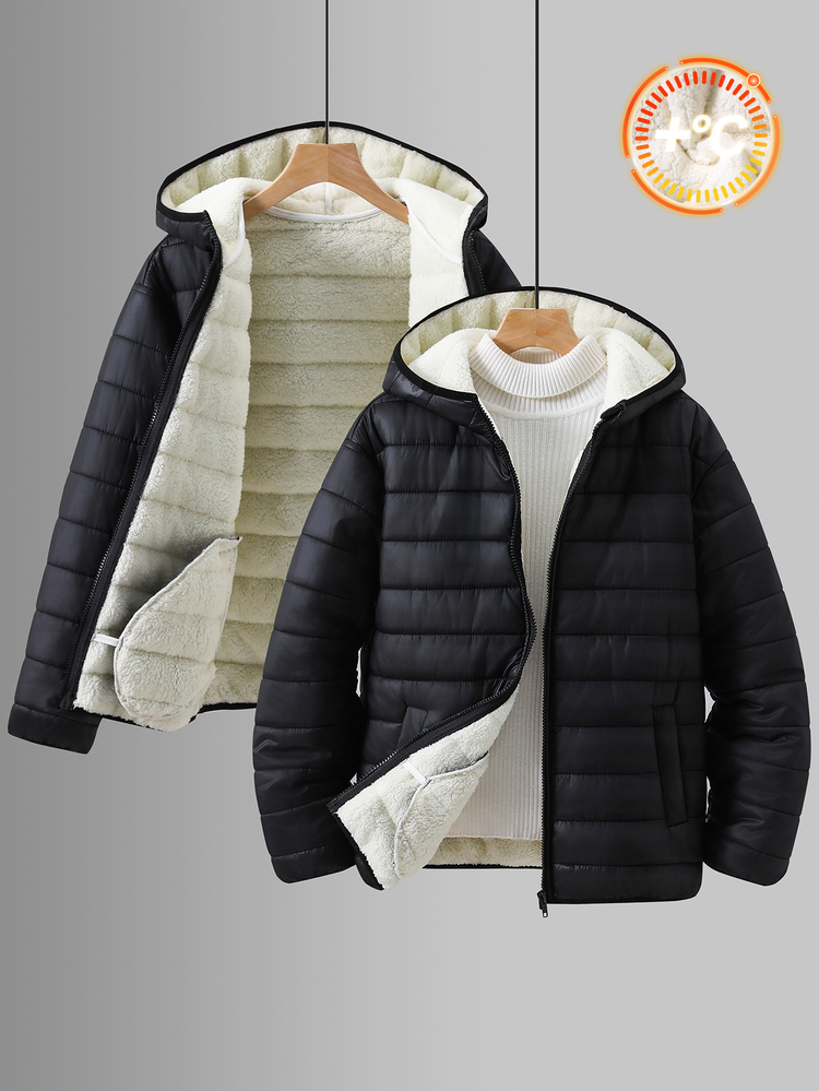 SHEIN Jaket Anak Laki-Laki Remaja Kasual Serbaguna Nyaman Longgar Praktis Warna Polos Hitam Berkerudung dengan Lapisan Termal Tebal Cocok untuk Musim Gugur/Musim Dingin, Mantel Bulu Angsa, Mantel Berbantalan, Mantel Berbantalan, Mantel Parka - Hitam - View 6