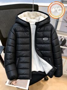 SHEIN 兒童青少年男孩休閒百搭舒適寬鬆實用純色拉鍊連帽黑色保暖內裡加厚外套，適合秋冬羽絨外套、填充外套、派克大衣 - 黑色 - 查看 2
