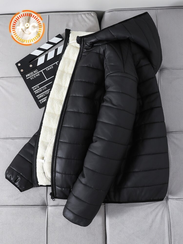 SHEIN Jaket Anak Laki-Laki Remaja Kasual Serbaguna Nyaman Longgar Praktis Warna Polos Hitam Berkerudung dengan Lapisan Termal Tebal Cocok untuk Musim Gugur/Musim Dingin, Mantel Bulu Angsa, Mantel Berbantalan, Mantel Berbantalan, Mantel Parka - Hitam - View 5