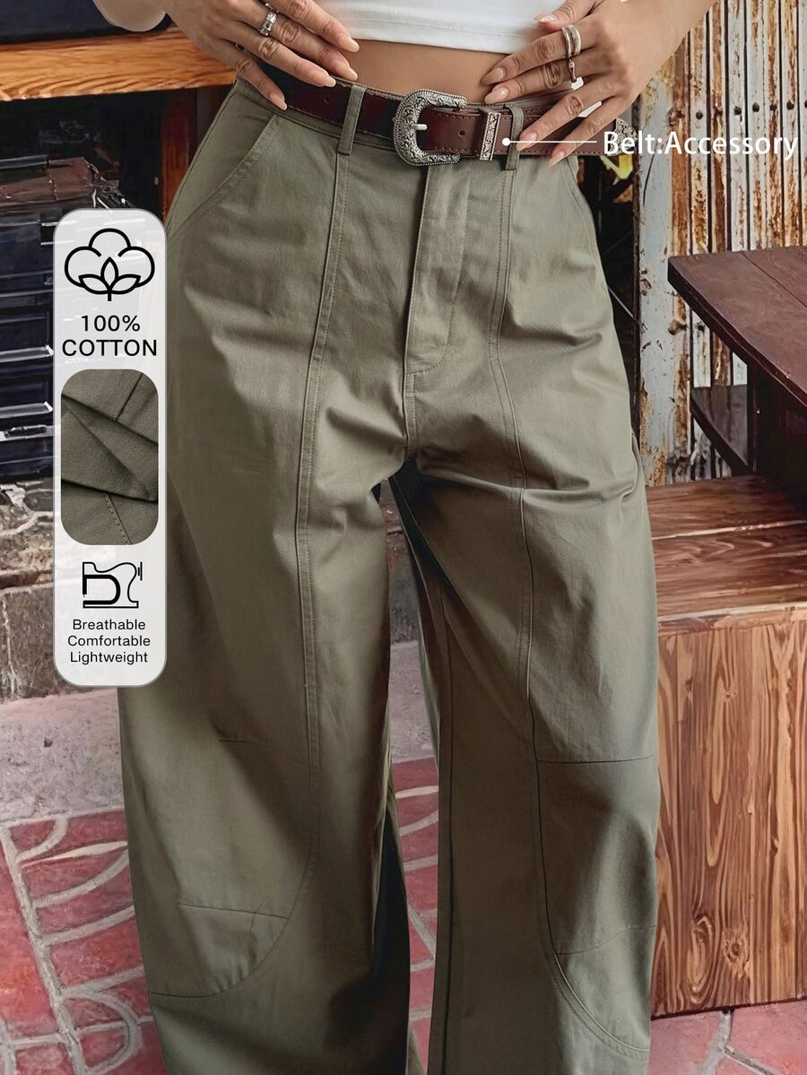 Livesso Women's Casual Solid Color High Waist Simple Everyday Pants - Olive Green - View 1
