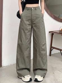 Livesso Women's Casual Solid Color High Waist Simple Everyday Pants - Olive Green - View 7