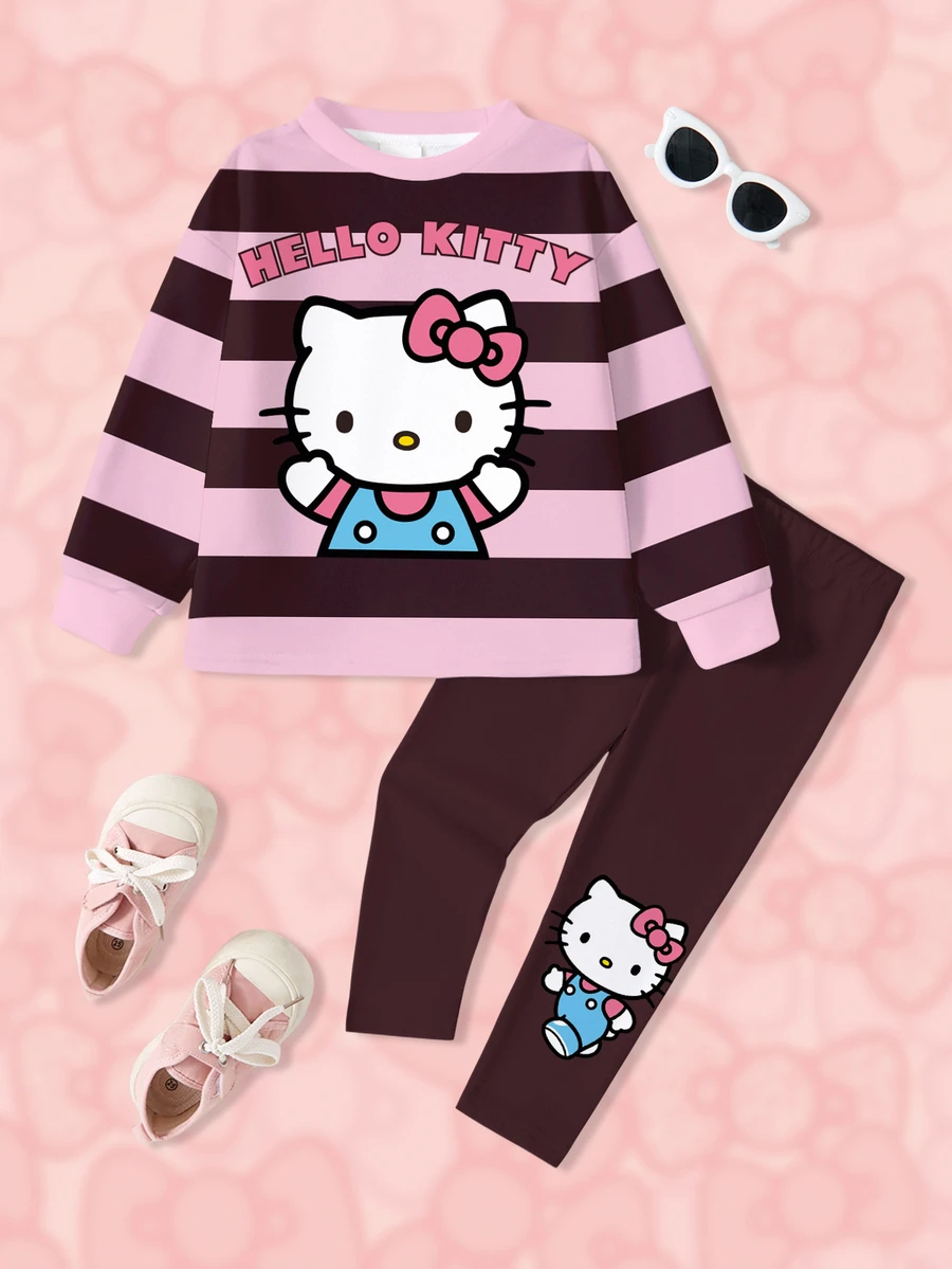 HELLO KITTY AND FRIENDS | SHEIN 女童字母卡通圖案長袖運動衫與緊身褲休閒日常套裝 - 白色 - 查看 1