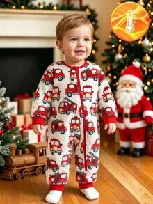 SHEIN Newborn Baby Boy Car Pattern 3D Ears Hooded Long Sleeve Jumpsuit Casual Versatile Suitable For Autumn/Winter Thermal Lined Thick - Red and White - View 8