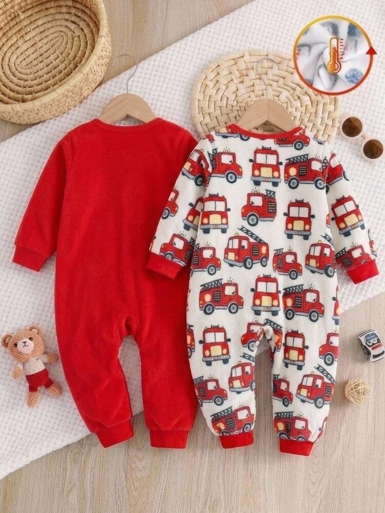 SHEIN Newborn Baby Boy Car Pattern 3D Ears Hooded Long Sleeve Jumpsuit Casual Versatile Suitable For Autumn/Winter Thermal Lined Thick - Red and White - View 2