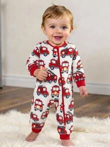 SHEIN Newborn Baby Boy Car Pattern 3D Ears Hooded Long Sleeve Jumpsuit Casual Versatile Suitable For Autumn/Winter Thermal Lined Thick - Red and White - View 4
