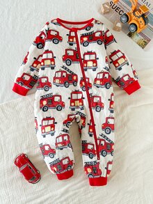 SHEIN Newborn Baby Boy Car Pattern 3D Ears Hooded Long Sleeve Jumpsuit Casual Versatile Suitable For Autumn/Winter Thermal Lined Thick - Red and White - View 7