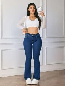 Flexra Petite Women's Fashion Street Button Pocket Flared Denim Jeans - Dark Wash - View 7