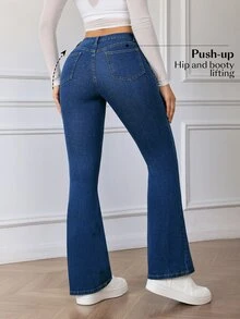 Flexra Petite Women's Fashion Street Button Pocket Flared Denim Jeans - Dark Wash - View 2