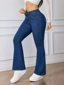 Flexra Petite Women's Fashion Street Button Pocket Flared Denim Jeans - Dark Wash - View 4