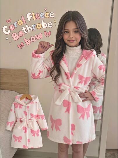 Young Girl Heart Pattern Thermal Lined Thick Plush Hooded Long Sleeve Loungewear Bathrobe Pink Cute Bowknot Style,Autumn/Winter,Fall,Fall Clothes