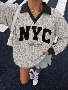 Muchica 大尺碼女款 Polo 領寬鬆學院風豹紋字母圖案運動衫，休閒運動街頭風百搭派對機場穿搭 Y2K 上衣 - 彩色 - 查看 3