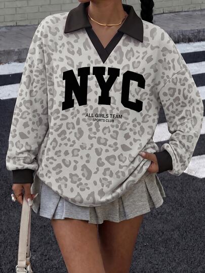 Muchica เสื้อสเวตเชิ้ตผู้หญิงไซส์ใหญ่ คอโปโล ทรงหลวม ลายเสือดาวพร้อมกราฟิกตัวอักษร สไตล์คอลเลจ สปอร์ตสตรีทแวร์ ใส่ได้หลากหลาย เหมาะสำหรับงานทางการ ปาร์ตี้ และวันเกิด สีเทา สำหรับฤดูใบไม้ร่วง