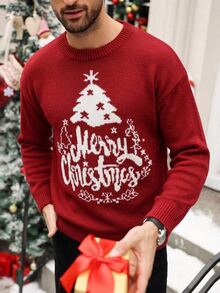 Sorvial 男士家庭聖誕假期提花長袖圓領紅色毛衣，休閒風格，家庭穿著，附聖誕元素 - 酒紅色 - 查看 5