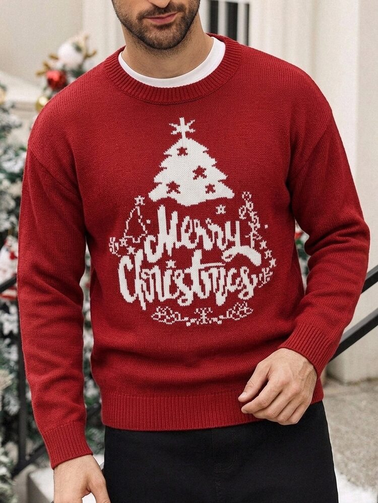 Manfinity CasualKnits Sweater Pria Lengan Panjang Kerah Bulat Motif Jacquard untuk Liburan Natal Keluarga, Gaya Kasual, Pakaian Keluarga, dengan Elemen Natal. - Burgundy - View 6