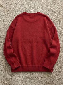 Sorvial 男士家庭聖誕假期提花長袖圓領紅色毛衣，休閒風格，家庭穿著，附聖誕元素 - 酒紅色 - 查看 4