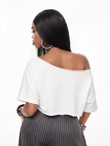Vadaroq Women's Rhinestone Letter Asymmetrical Shoulder Cropped Casual T-Shirt - White - View 4