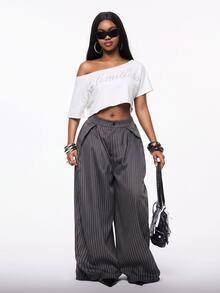 Vadaroq Women's Rhinestone Letter Asymmetrical Shoulder Cropped Casual T-Shirt - White - View 2