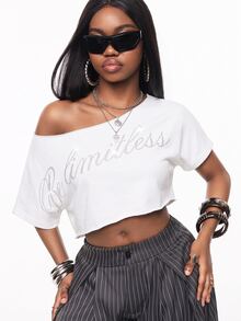 Vadaroq Women's Rhinestone Letter Asymmetrical Shoulder Cropped Casual T-Shirt - White - View 3