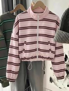 Easowa Curve Plus Size Women's Striped Casual Versatile Daily Wear Top Fall - Coffee Brown - View 3