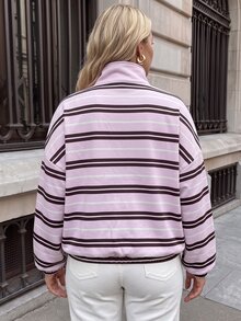 Easowa Curve Plus Size Women's Striped Casual Versatile Daily Wear Top Fall - Coffee Brown - View 9