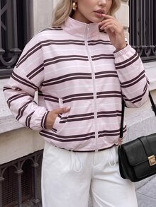 Easowa Curve Plus Size Women's Striped Casual Versatile Daily Wear Top Fall - Coffee Brown - View 8